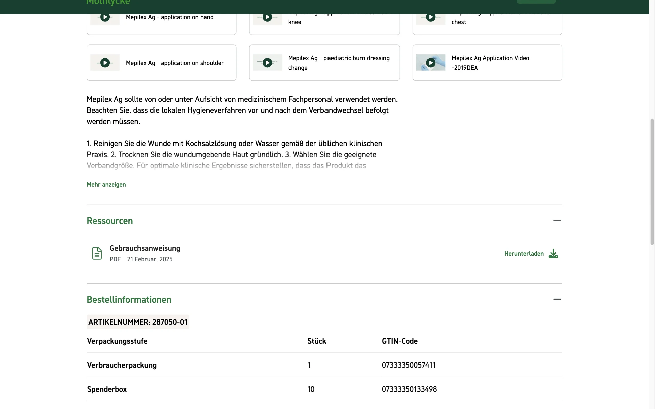 Screenshot-Beleg: Mölnlycke Health Care — Kriterium 4.3 Strukturierte Produktinformation
