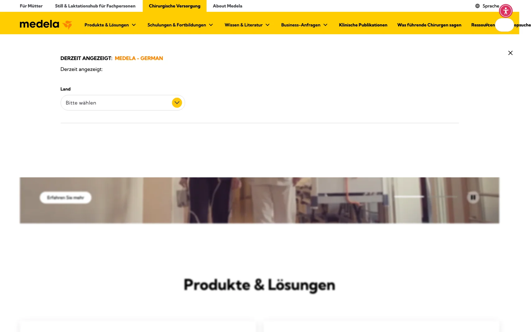 Screenshot-Beleg: Medela — Kriterium 1.5 Sprachauswahl
