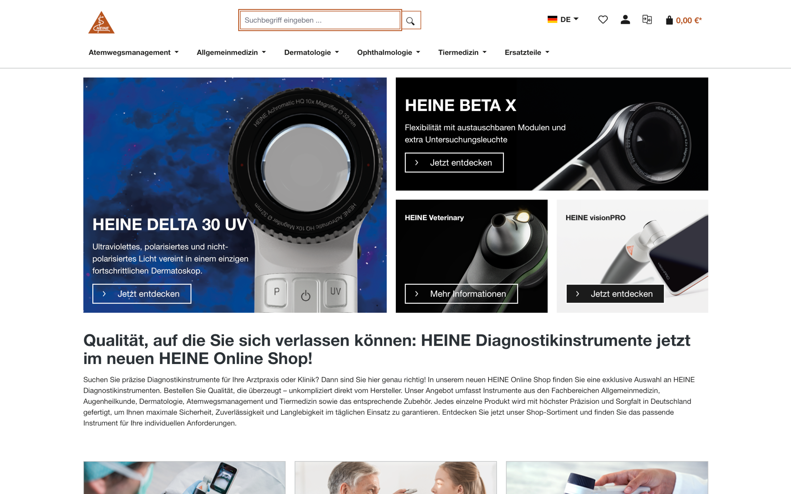 Screenshot-Beleg: Heine Optotechnik — Kriterium 2.1 Suchfeld persistent in Top-Bar