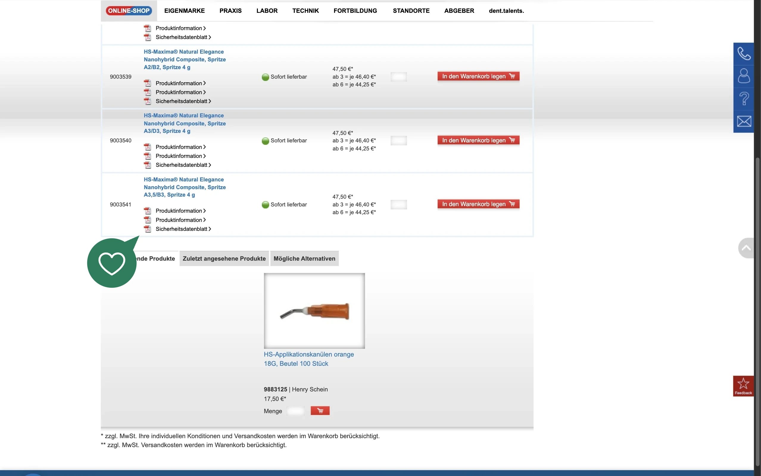 Screenshot-Beleg: Henry Schein Dental — Kriterium 4.2 Tech. Dokumente downloadbar