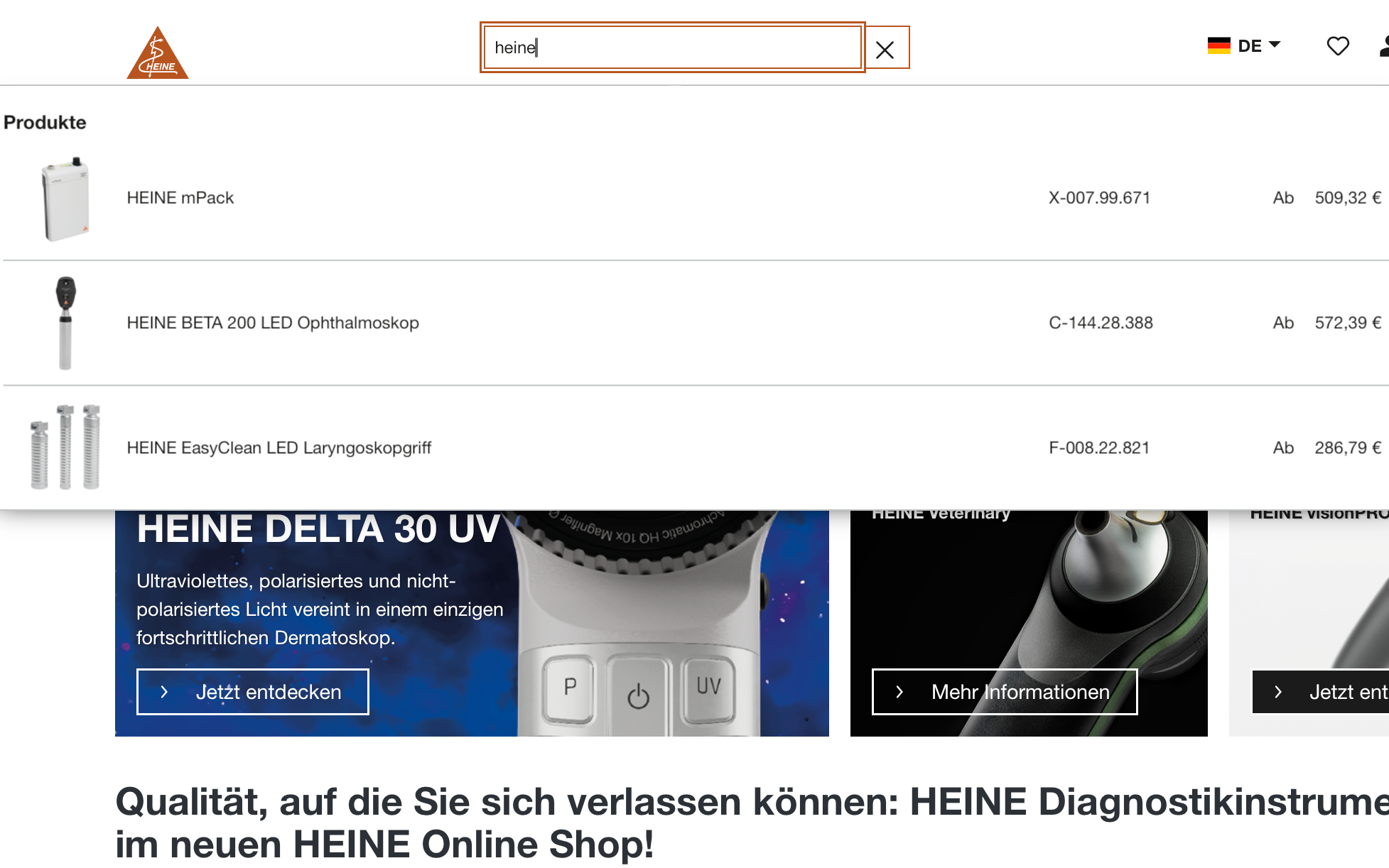 Screenshot-Beleg: Heine Optotechnik — Kriterium 2.3 Suchvorschläge während der Eingabe