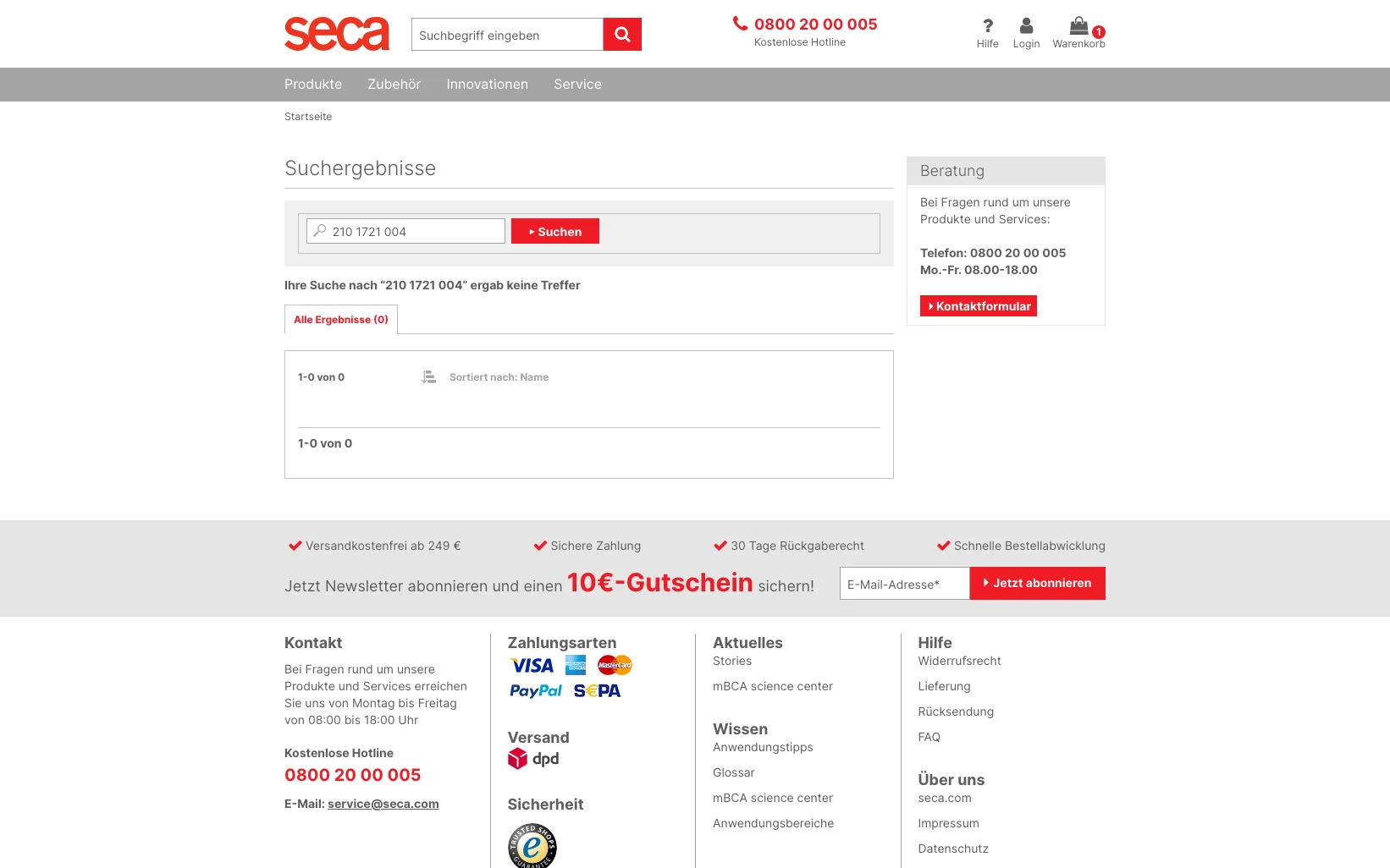 Screenshot-Beleg: SECA — Kriterium 2.2 Suche per Artikelnr./PZN/REF