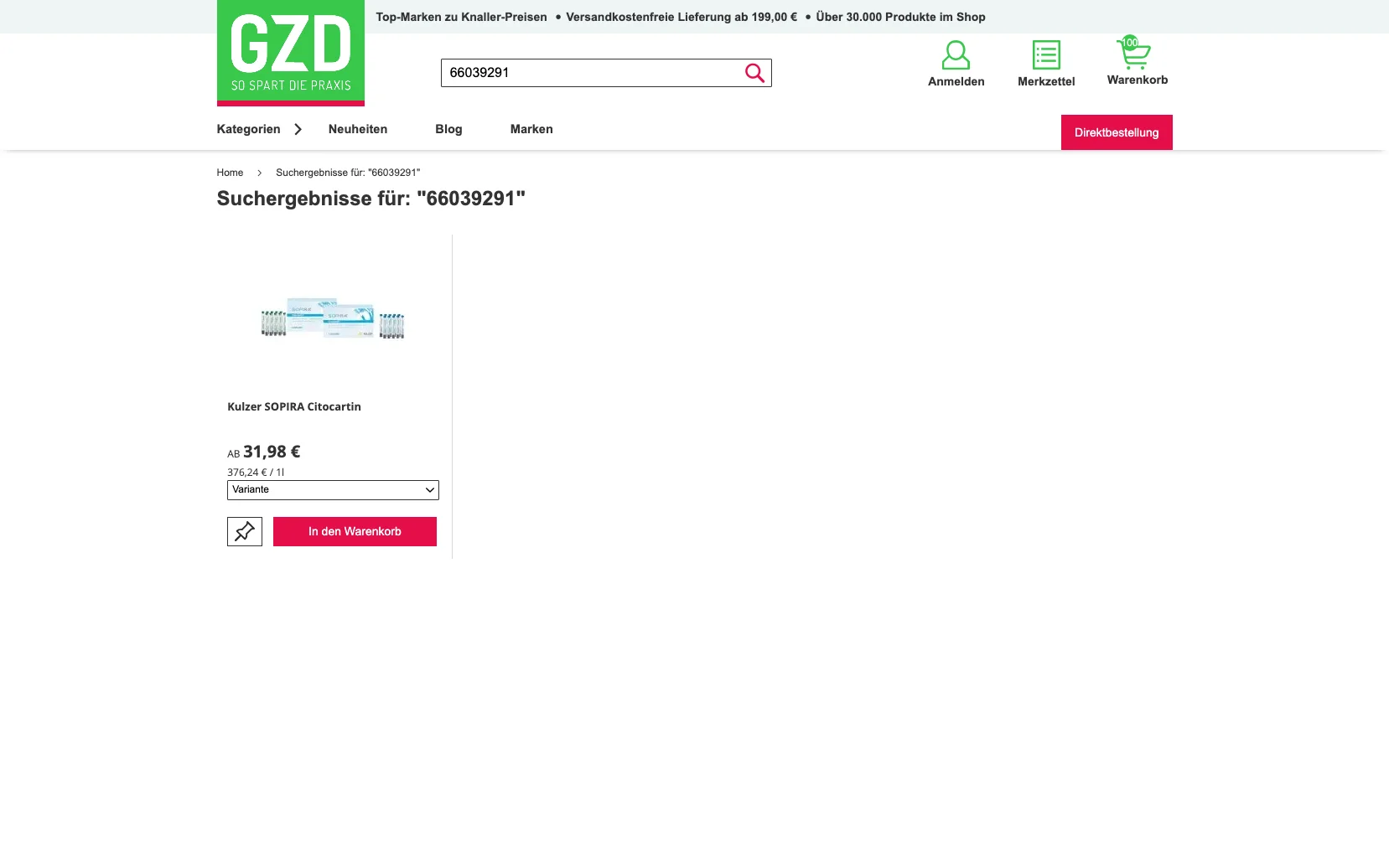 Screenshot-Beleg: Geiz Dental — Kriterium 2.2 Suche per Artikelnr./PZN/REF