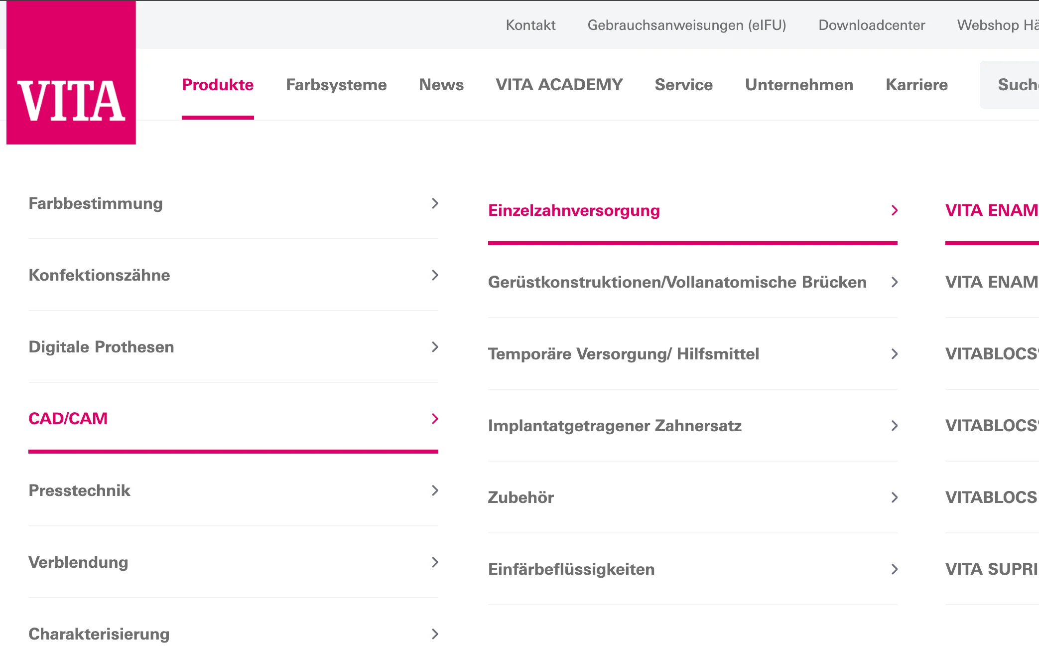 Screenshot-Beleg: VITA Zahnfabrik — Kriterium 2.5 Einstieg über Anwendung