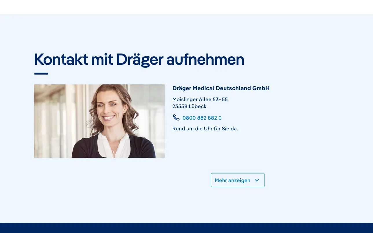Screenshot-Beleg: Dräger — Kriterium 6.1 Kontaktmöglichkeiten präsent