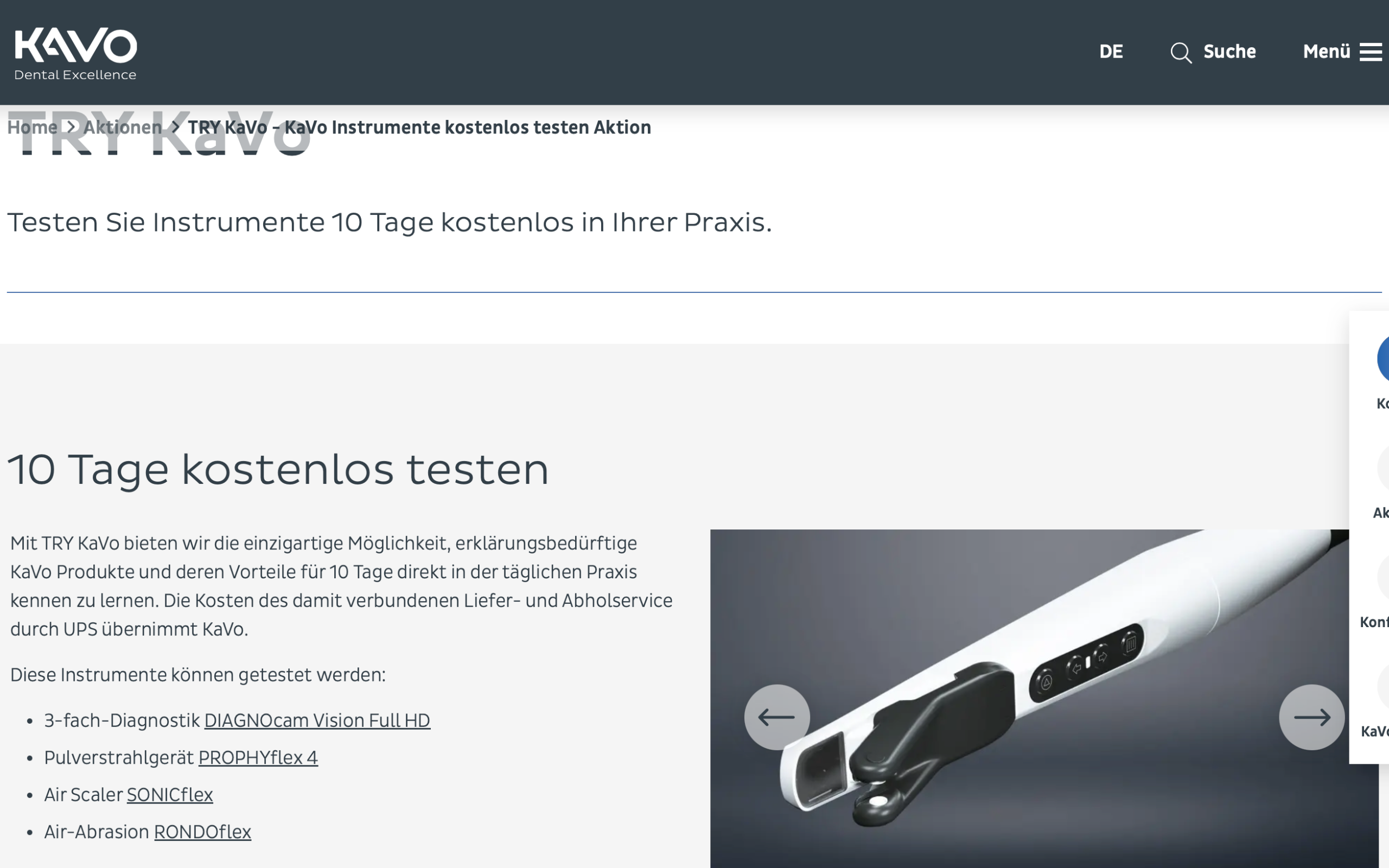 Screenshot-Beleg: KaVo Dental — Kriterium 4.10 Demo / Trial / Probe anforderbar