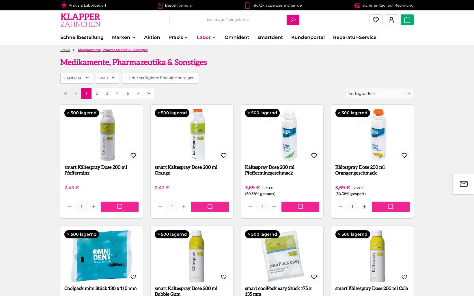 Screenshot-Beleg: Klapperzähnchen — Kriterium 3.1 Filter in der Produktliste (Anzahl)