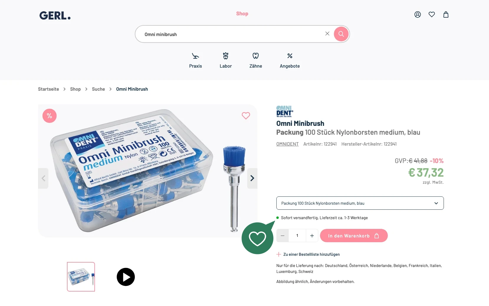 Screenshot-Beleg: Gerl Dental — Kriterium 5.3 Lieferzeit / Verfügbarkeit