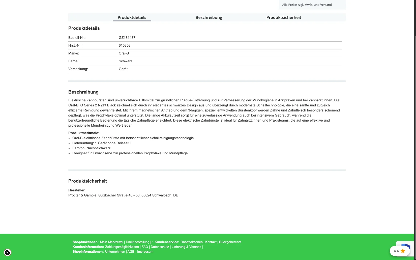 Screenshot-Beleg: Geiz Dental — Kriterium 4.3 Strukturierte Produktinformation