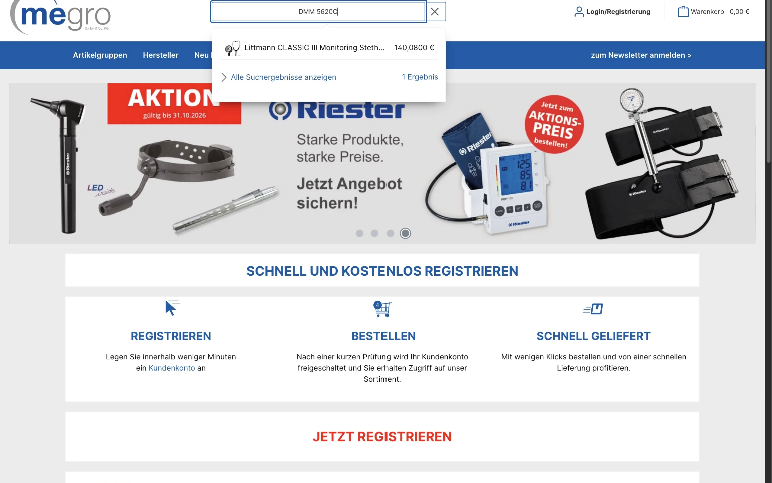 Screenshot-Beleg: Megro — Kriterium 2.2 Suche per Artikelnr./PZN/REF