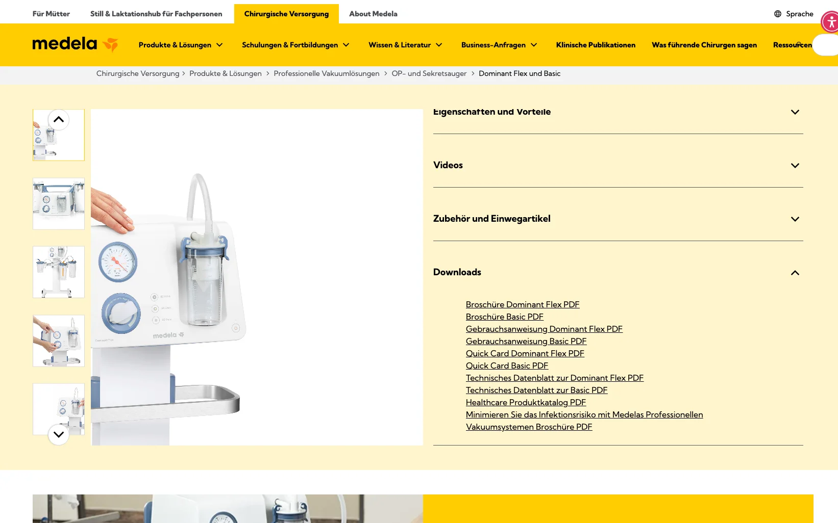 Screenshot-Beleg: Medela — Kriterium 4.2 Tech. Dokumente downloadbar