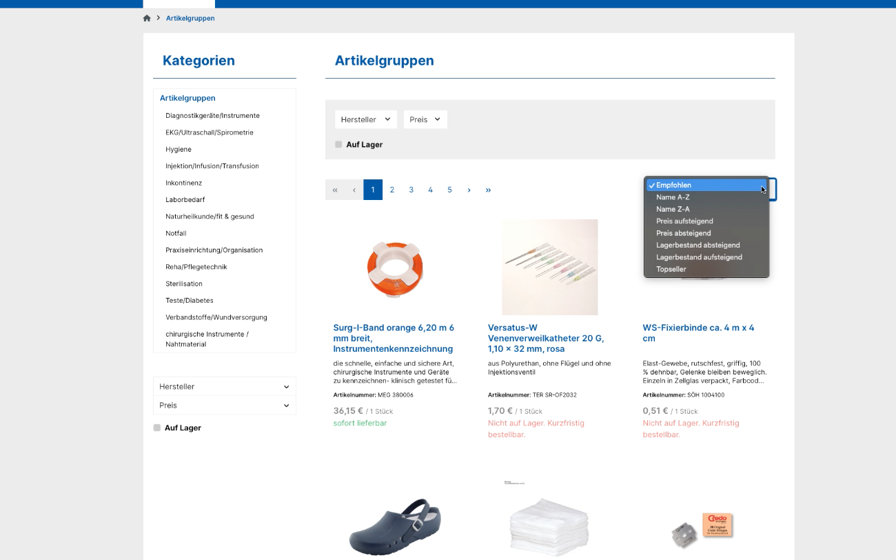 Screenshot-Beleg: Megro — Kriterium 3.2 Sortieroptionen