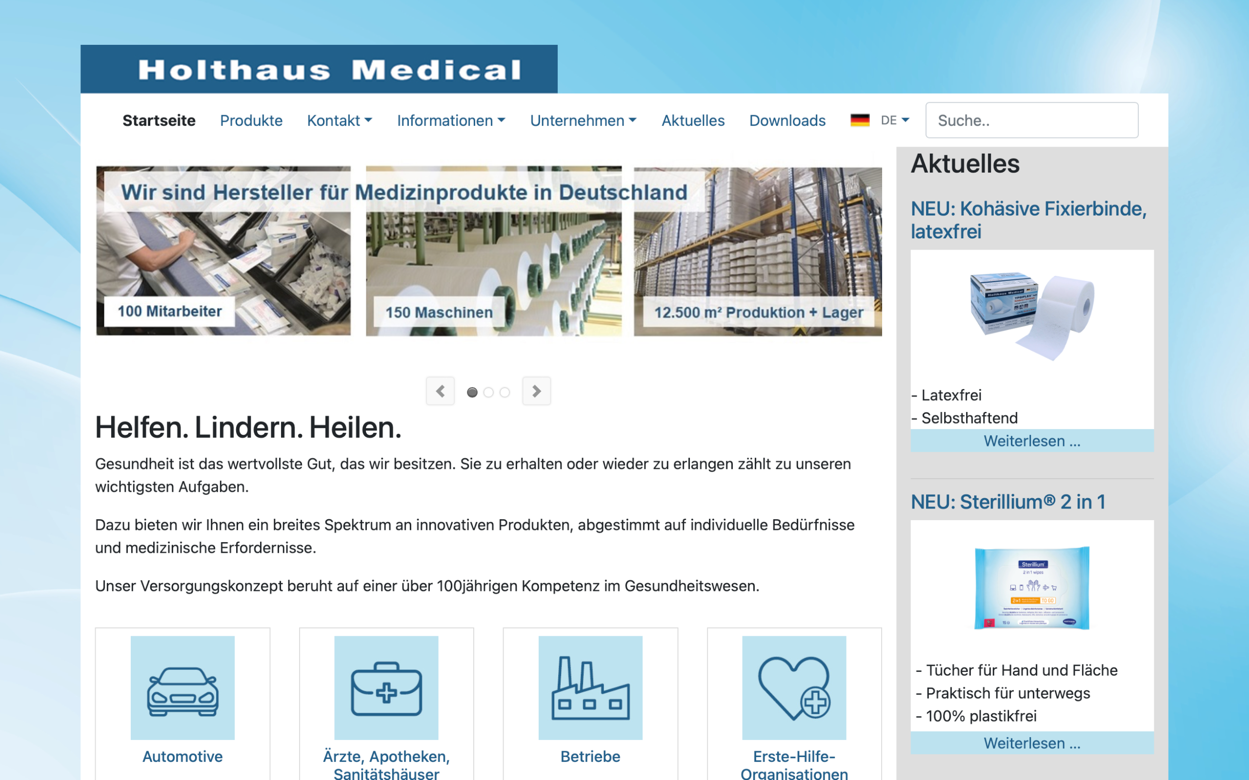 Screenshot-Beleg: Holthaus Medical — Kriterium 2.1 Suchfeld persistent in Top-Bar