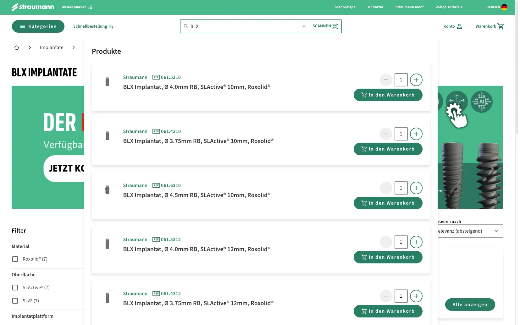 Screenshot-Beleg: Straumann Group — Kriterium 2.3 Suchvorschläge während der Eingabe