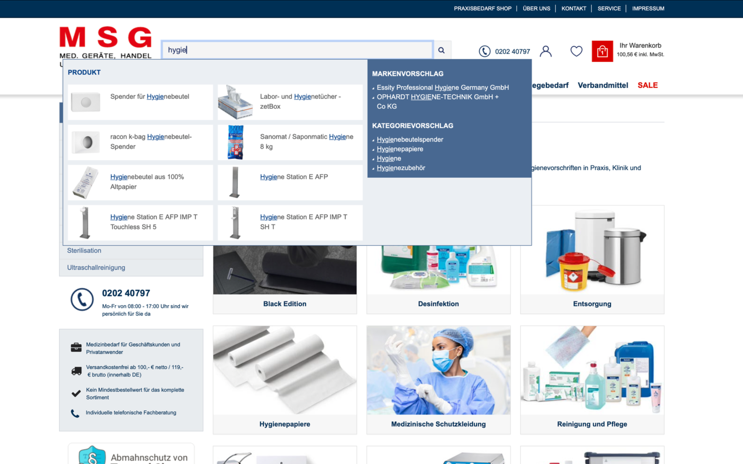 Screenshot-Beleg: MSG-Praxisbedarf — Kriterium 2.3 Suchvorschläge während der Eingabe