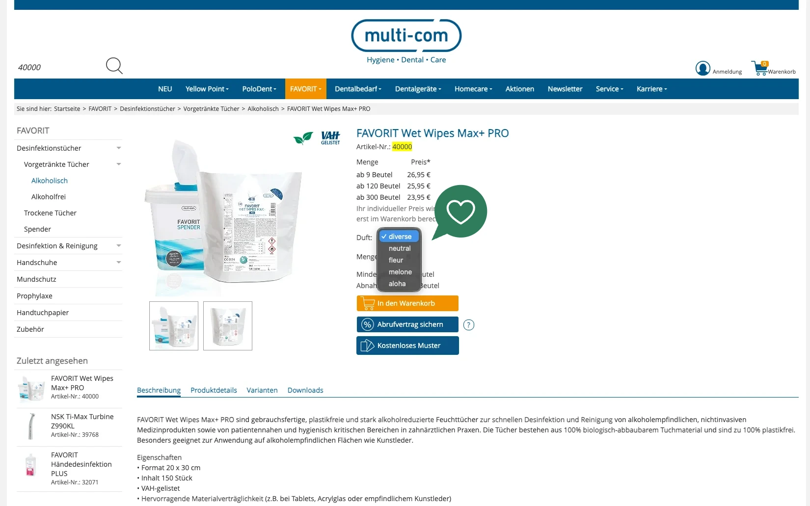 Screenshot-Beleg: multi-com — Kriterium 4.4 Verpackungseinheit / Varianten