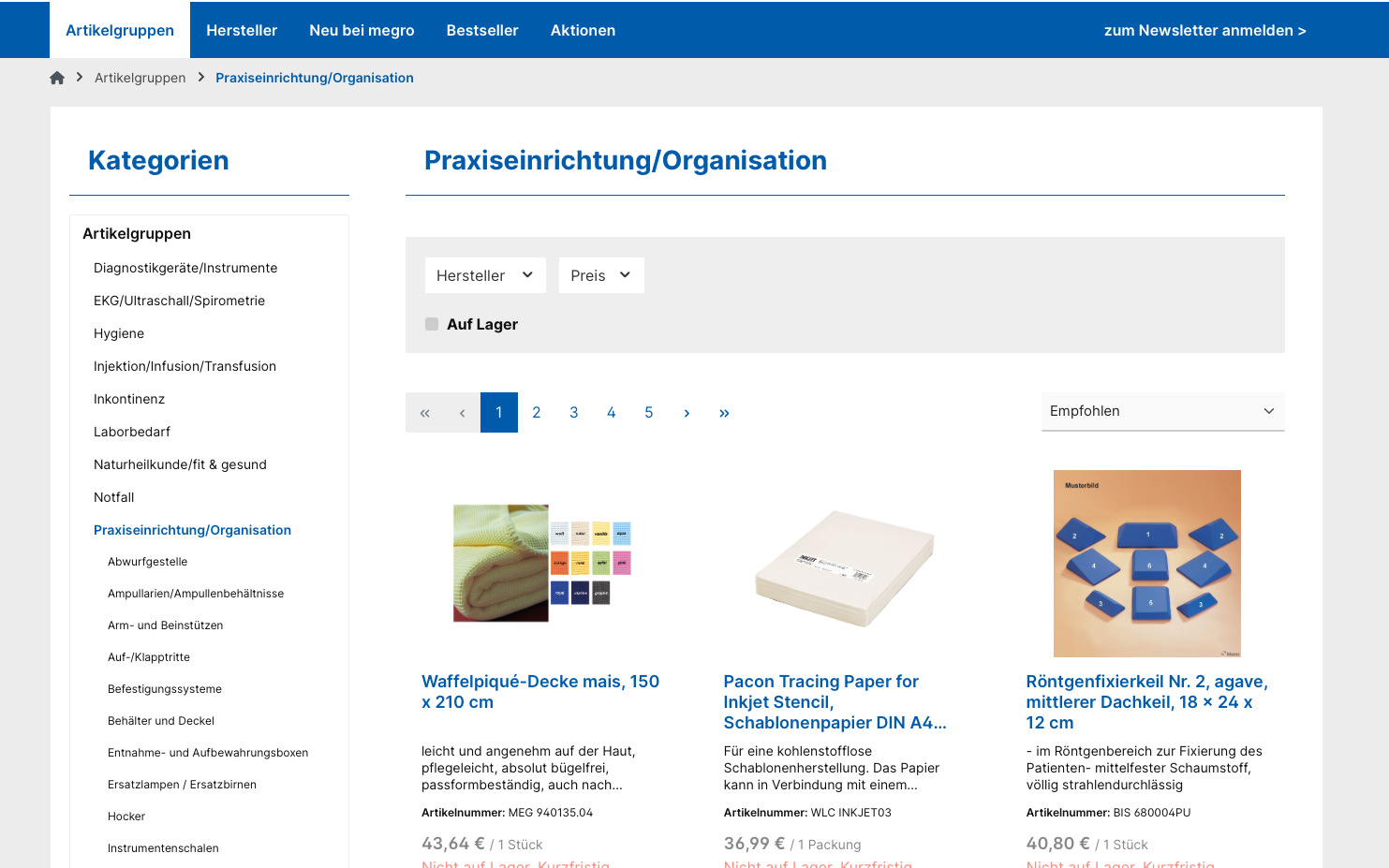 Screenshot-Beleg: Megro — Kriterium 3.1 Filter in der Produktliste (Anzahl)