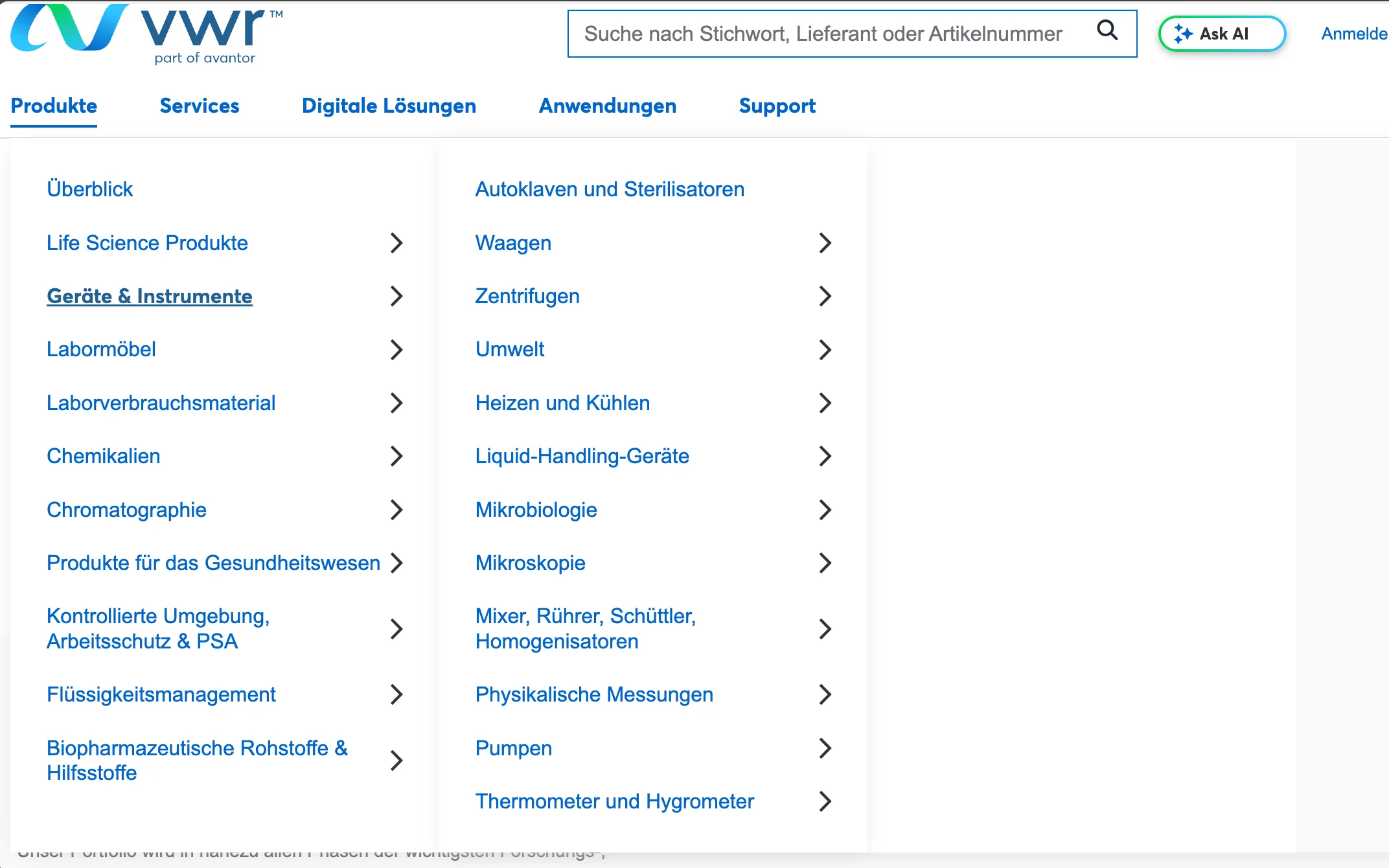 Screenshot-Beleg: VWR / Avantor — Kriterium 2.4 Mega-Menü / Hauptnavigation