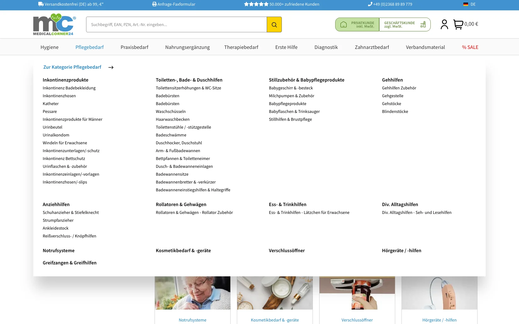 Screenshot-Beleg: medicalcorner24 — Kriterium 2.4 Mega-Menü / Hauptnavigation