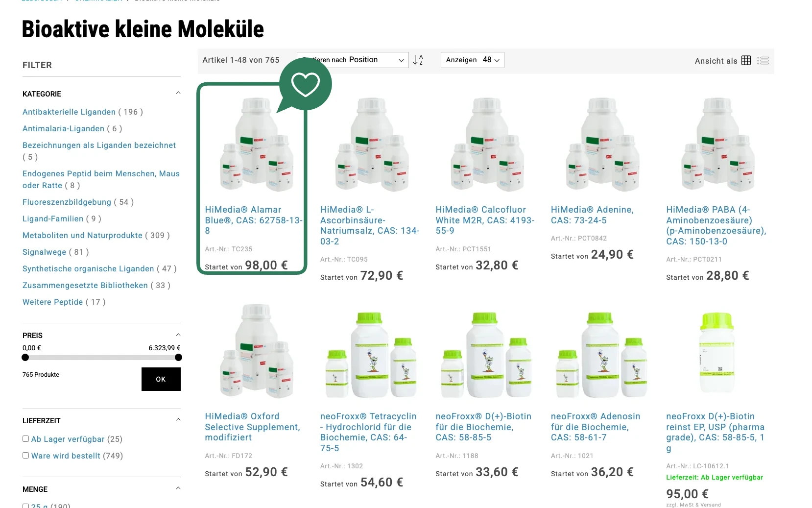 Screenshot-Beleg: neoLab — Kriterium 3.3 Produktidentifikation in der Produktliste