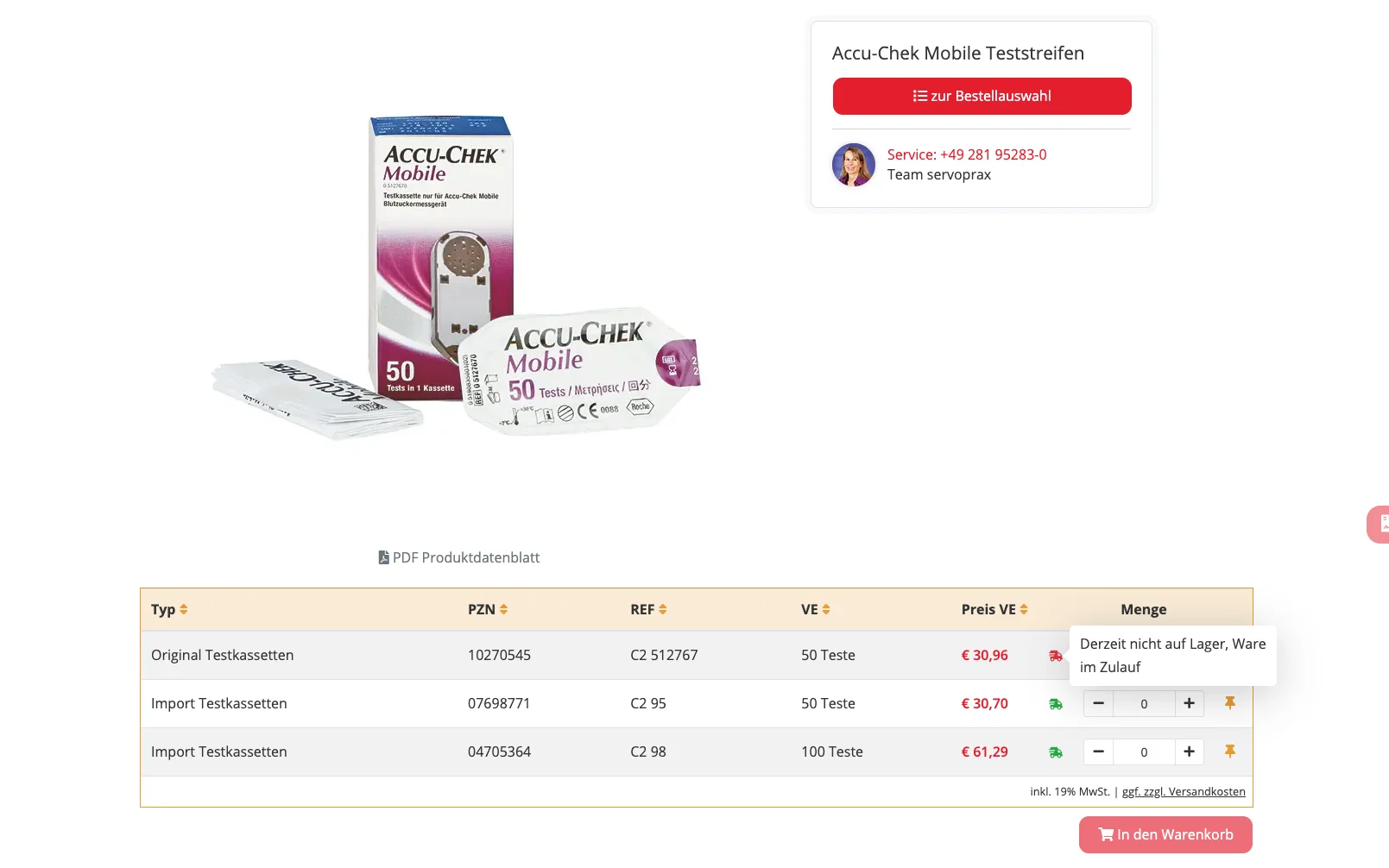 Screenshot-Beleg: Servoprax — Kriterium 5.3 Lieferzeit / Verfügbarkeit