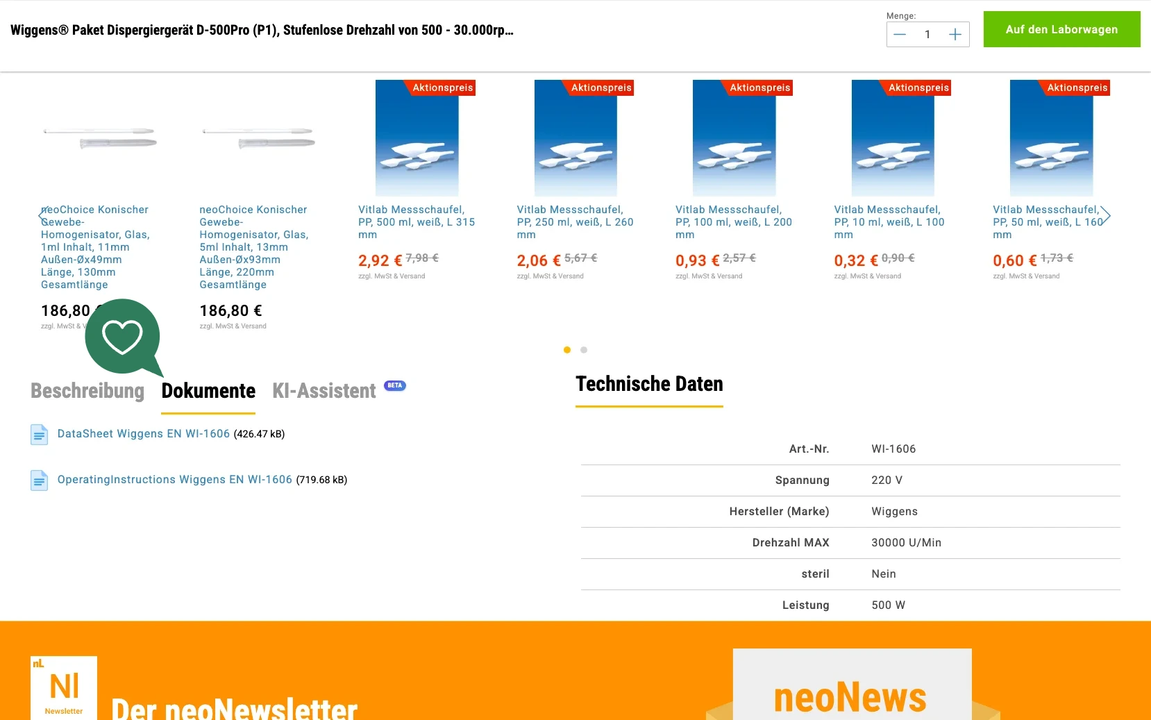 Screenshot-Beleg: neoLab — Kriterium 4.2 Tech. Dokumente downloadbar