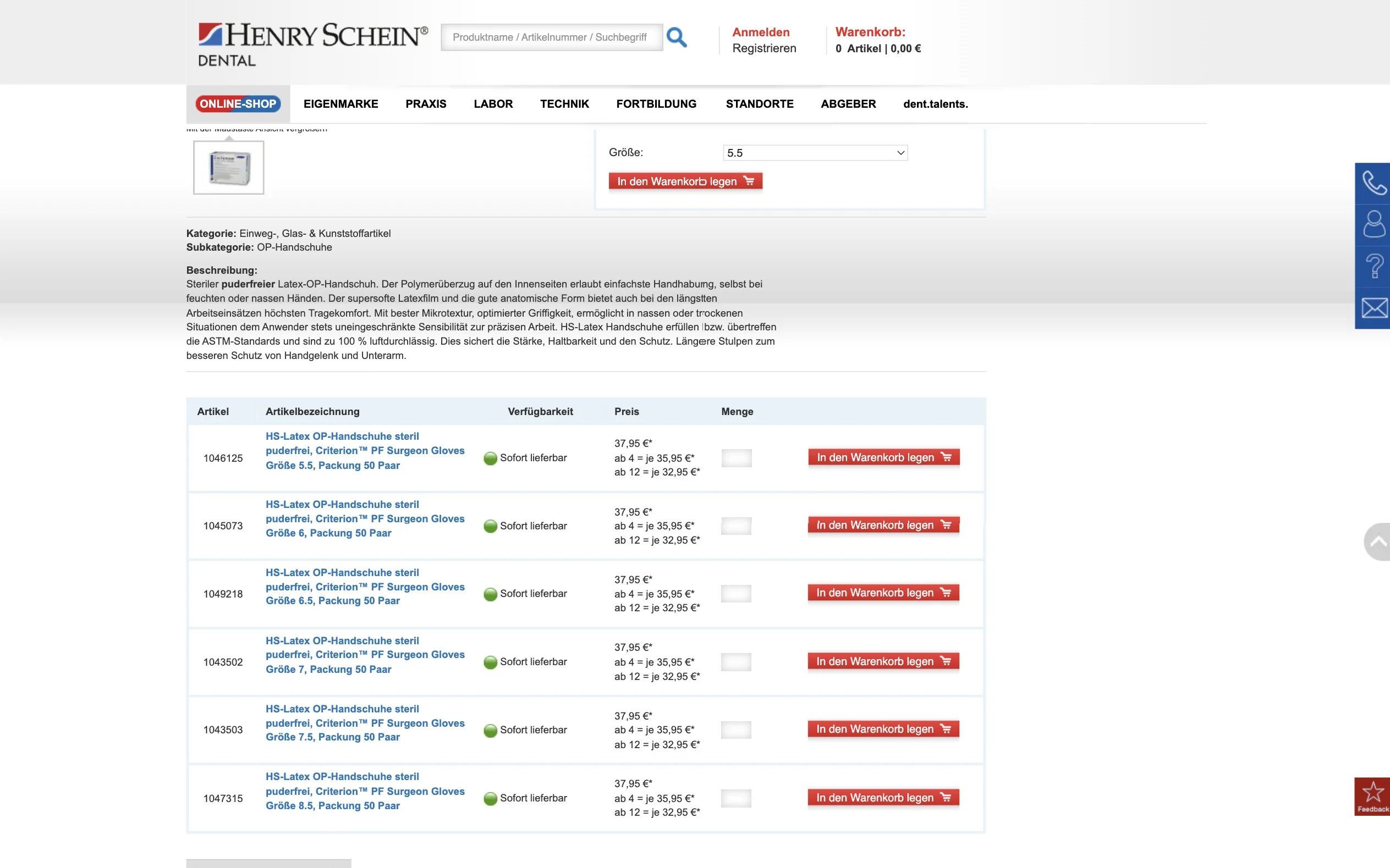 Screenshot-Beleg: Henry Schein Dental — Kriterium 4.4 Verpackungseinheit / Varianten