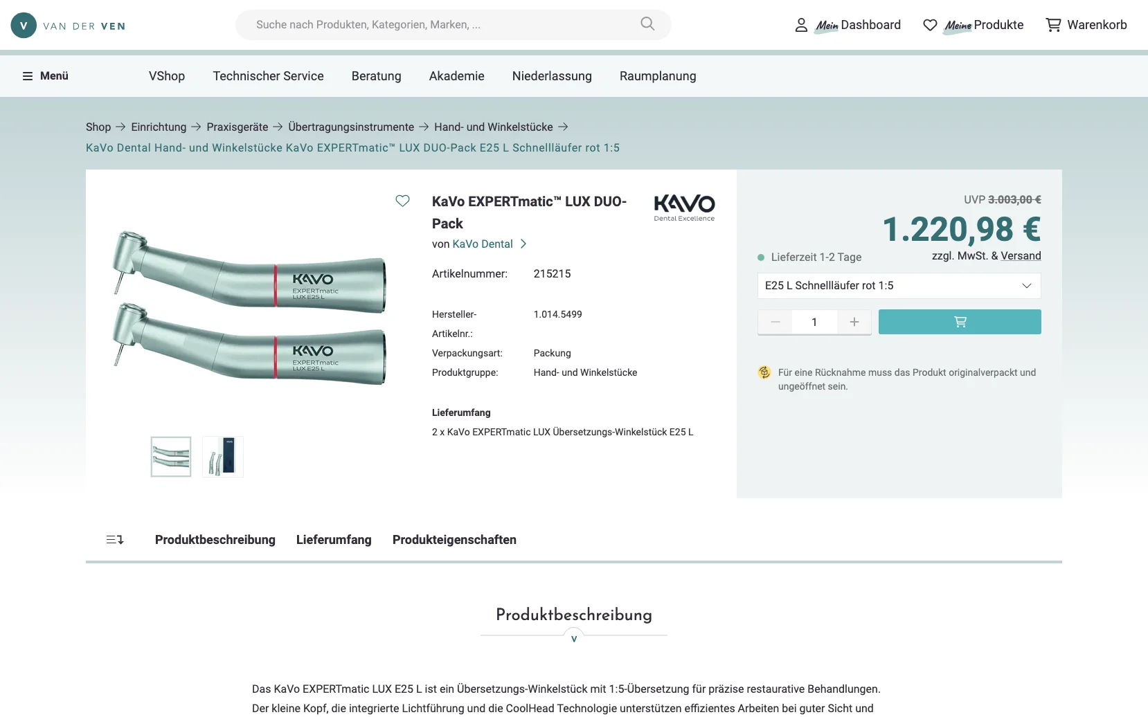 Screenshot-Beleg: van der Ven Dental — Kriterium 4.1 Mehrere Bilder + Zoom (360°)