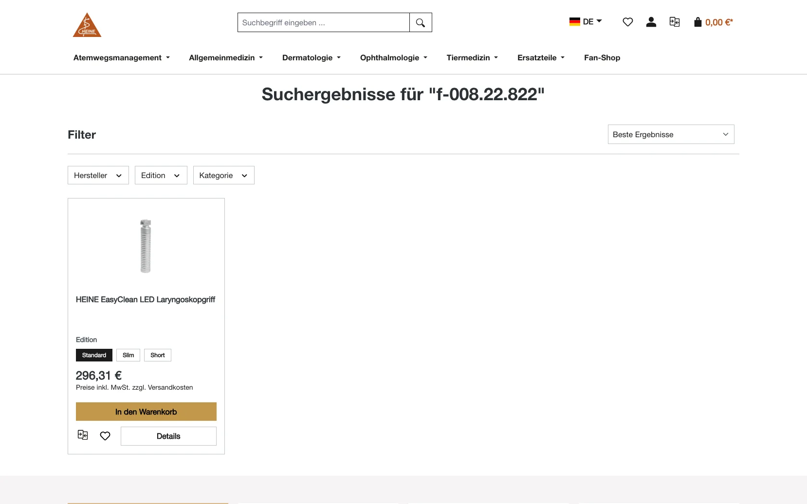 Screenshot-Beleg: Heine Optotechnik — Kriterium 2.2 Suche per Artikelnr./PZN/REF
