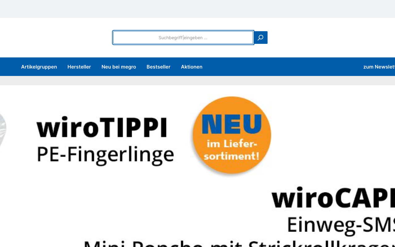 Screenshot-Beleg: Megro — Kriterium 2.1 Suchfeld persistent in Top-Bar