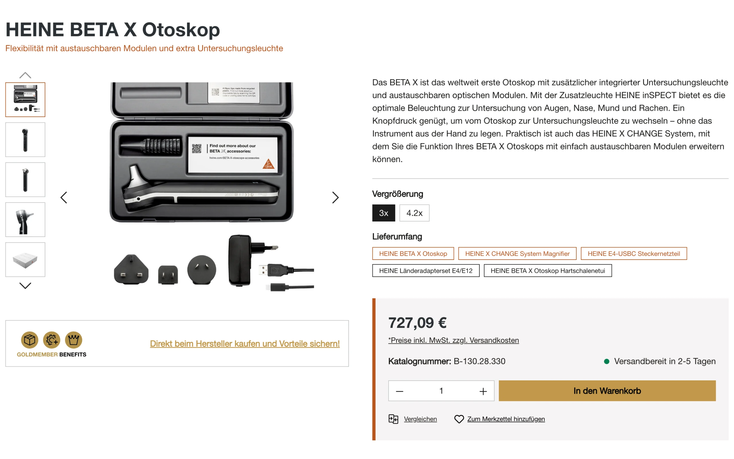 Screenshot-Beleg: Heine Optotechnik — Kriterium 5.1 „Wo kaufen"-Info auf Site