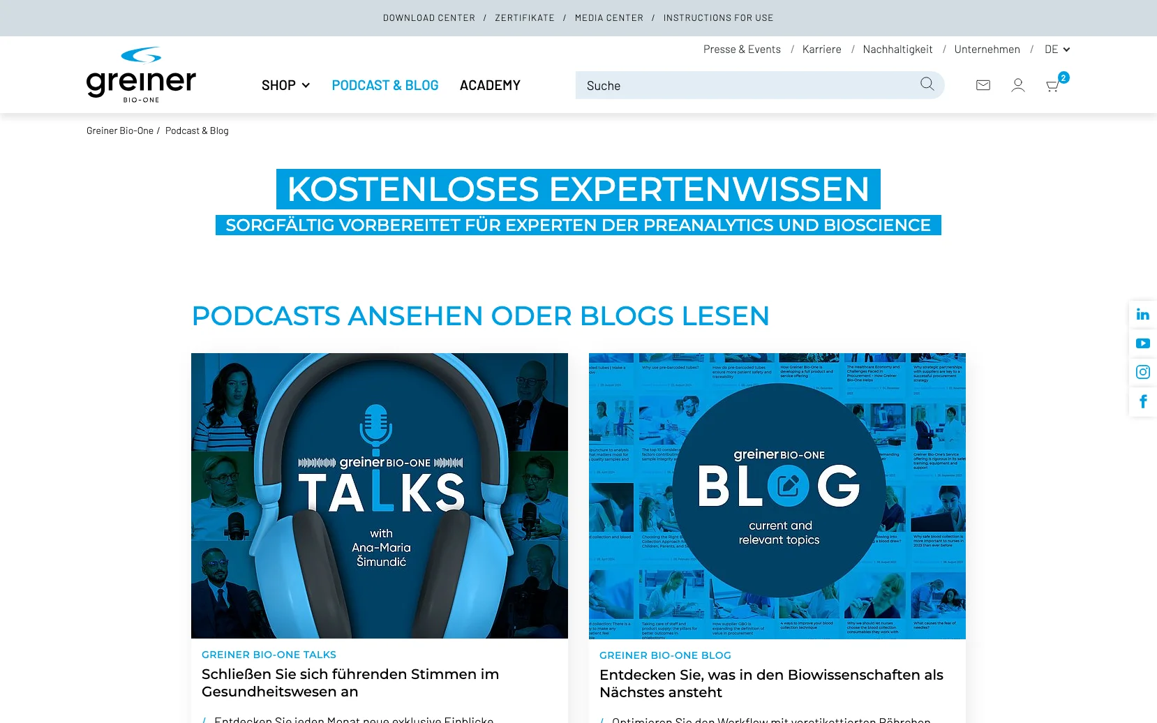 Screenshot-Beleg: Greiner Bio-One — Kriterium 6.7 Content-/Ratgeber-Bereich