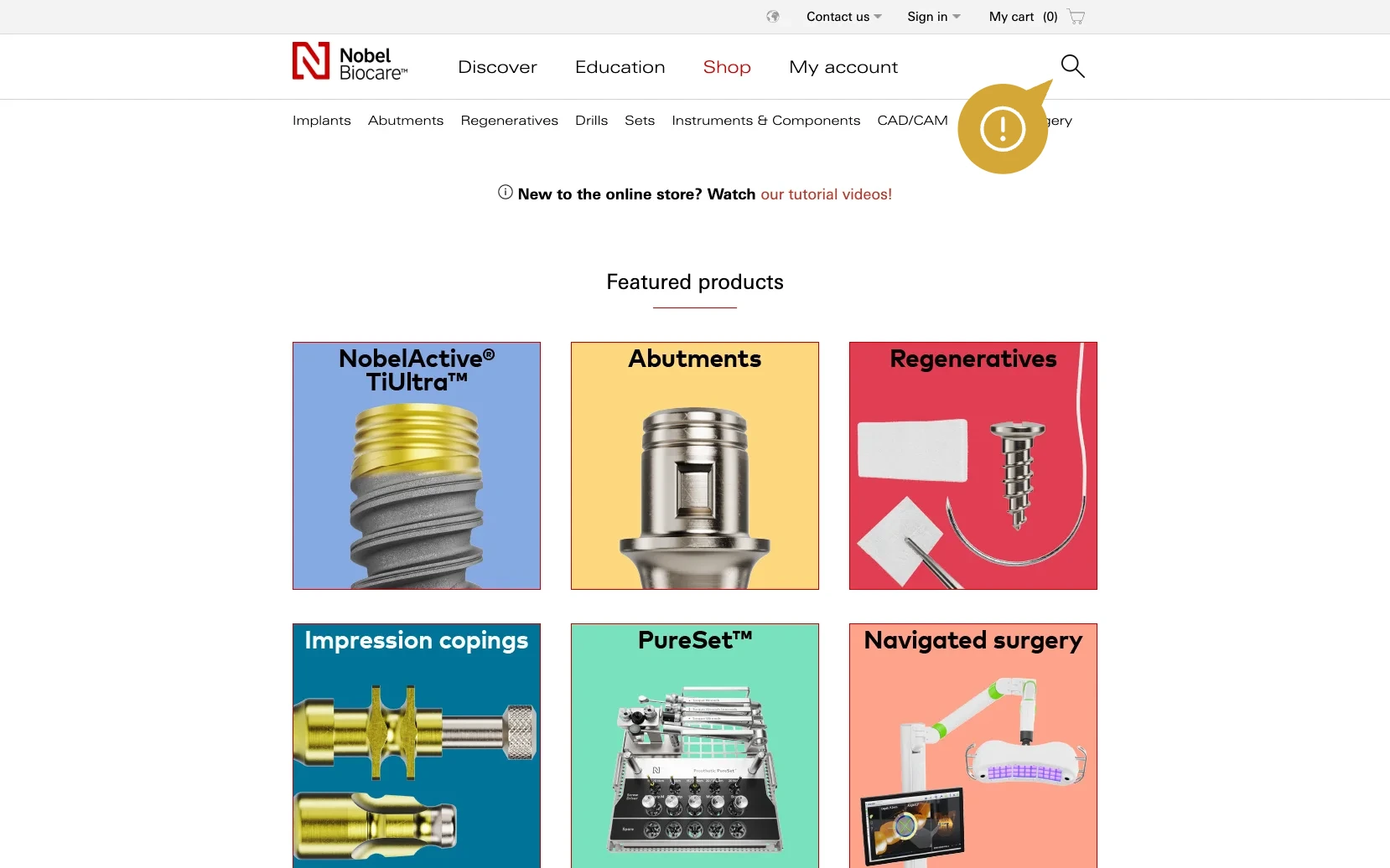 Screenshot-Beleg: Nobel Biocare — Kriterium 2.1 Suchfeld persistent in Top-Bar