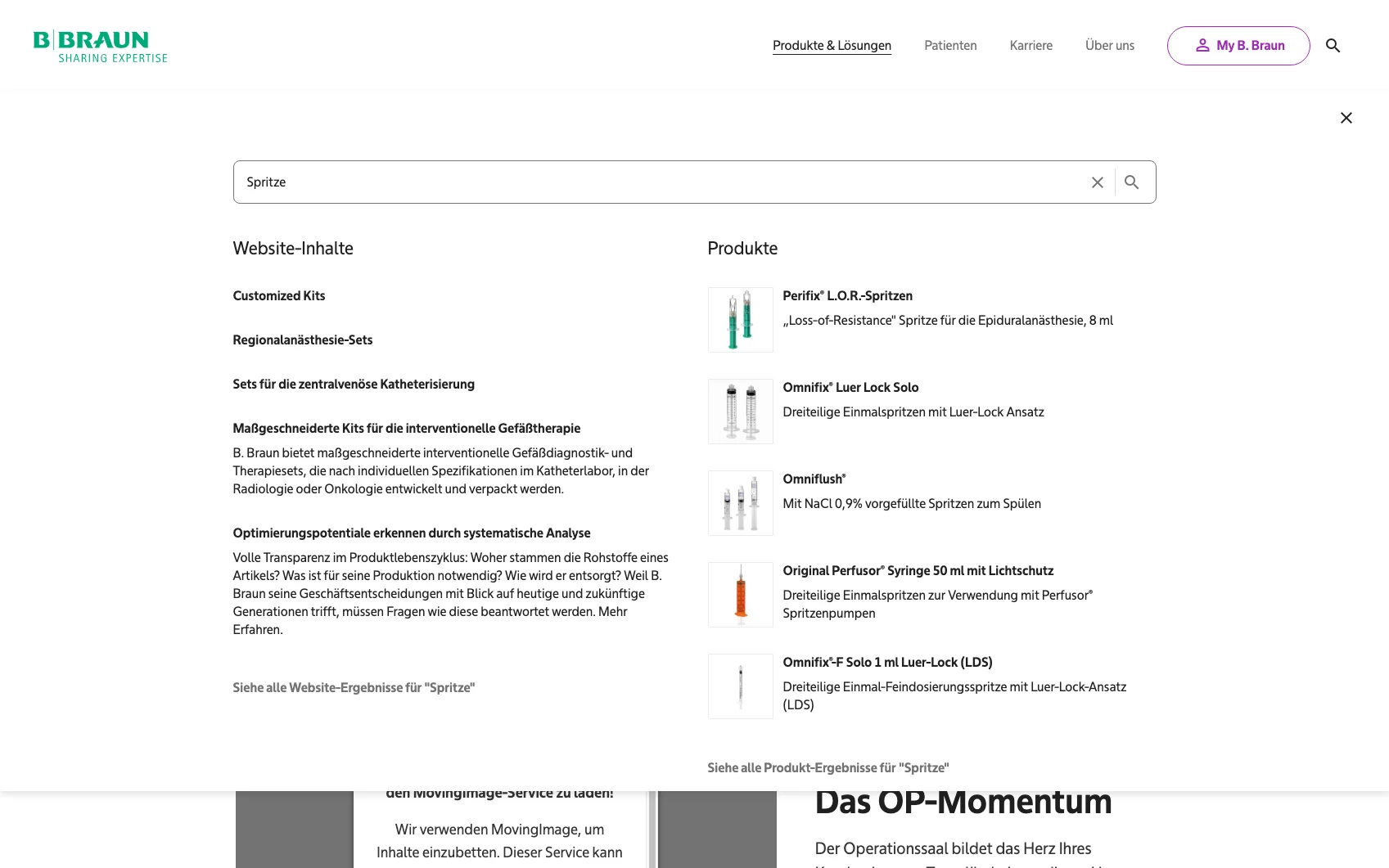 Screenshot-Beleg: B. Braun — Kriterium 2.3 Suchvorschläge während der Eingabe