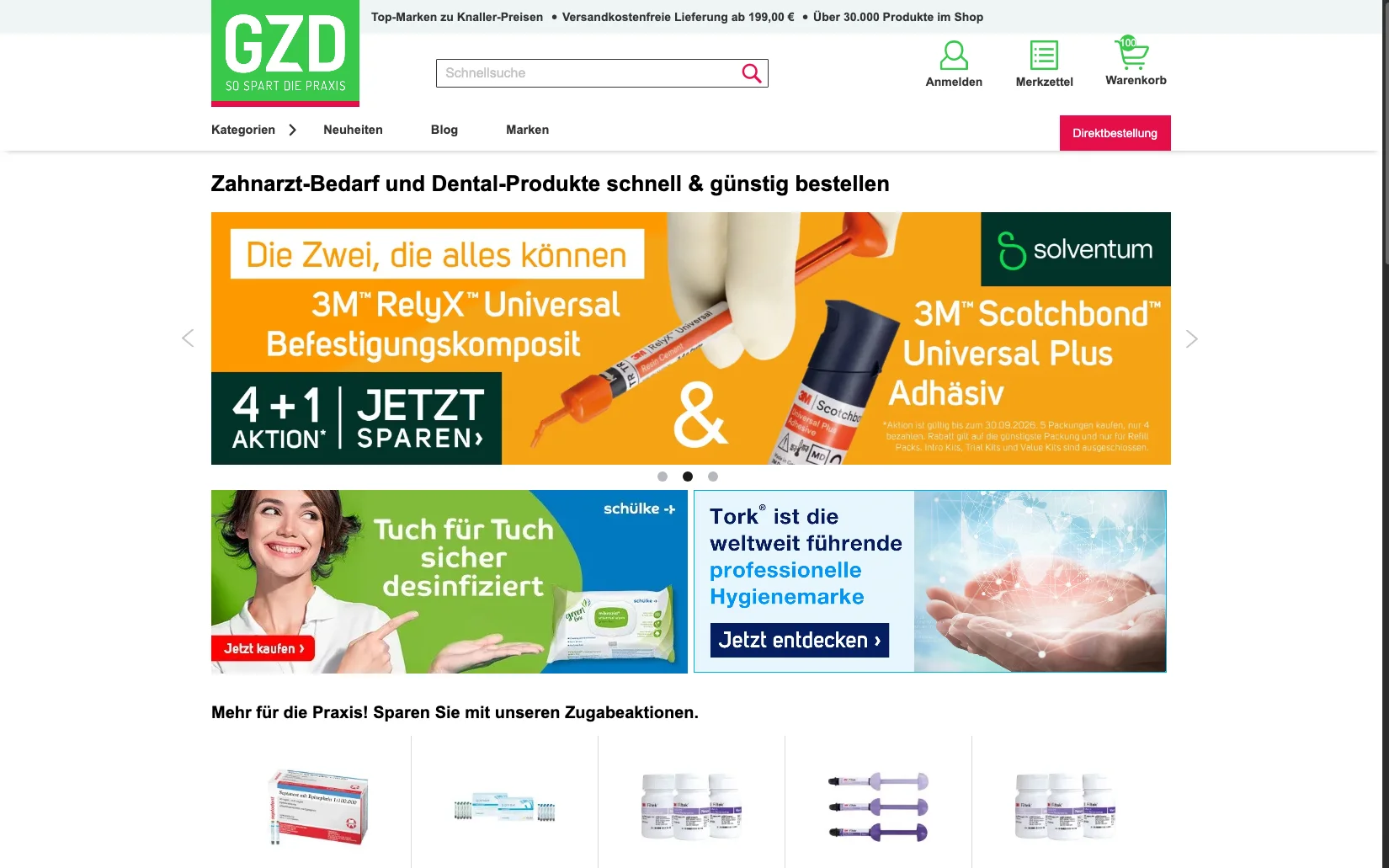 Screenshot-Beleg: Geiz Dental — Kriterium 2.1 Suchfeld persistent in Top-Bar