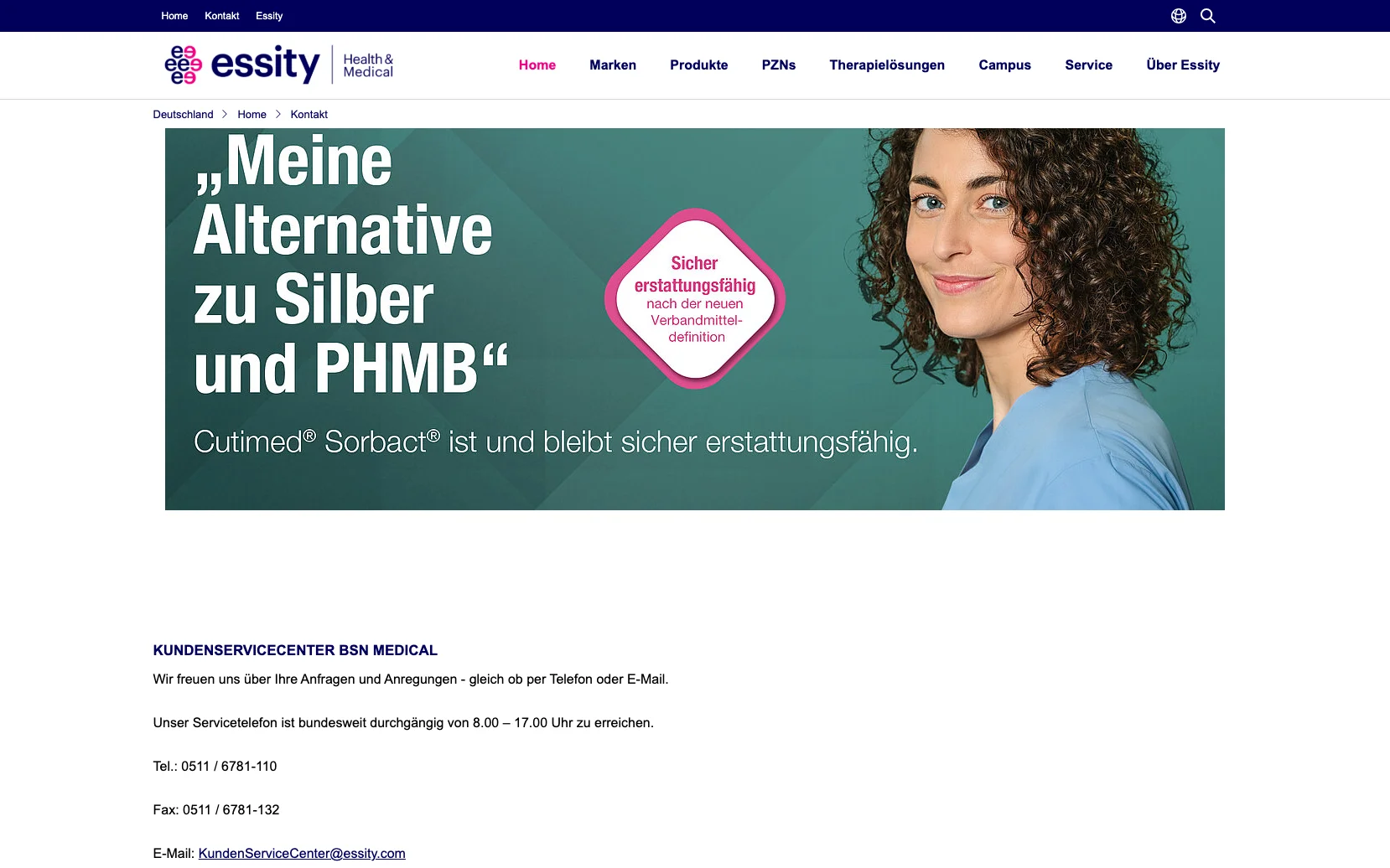 Screenshot-Beleg: Medical Essity — Kriterium 6.1 Kontaktmöglichkeiten präsent