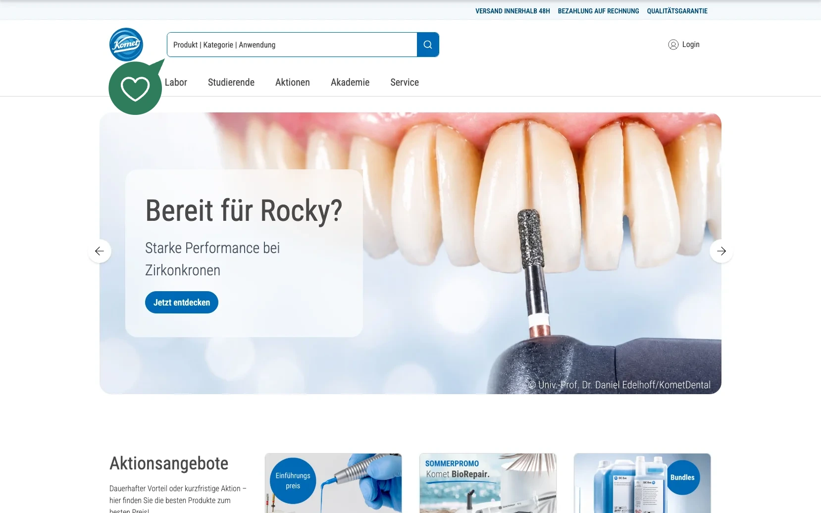 Screenshot-Beleg: Komet Dental — Kriterium 2.1 Suchfeld persistent in Top-Bar