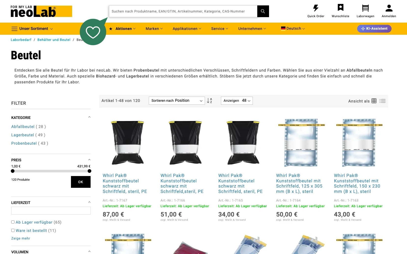 Screenshot-Beleg: neoLab — Kriterium 2.1 Suchfeld persistent in Top-Bar