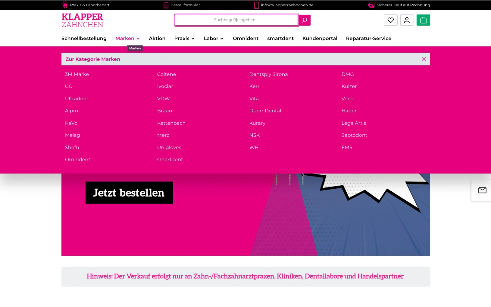 Screenshot-Beleg: Klapperzähnchen — Kriterium 2.4 Mega-Menü / Hauptnavigation