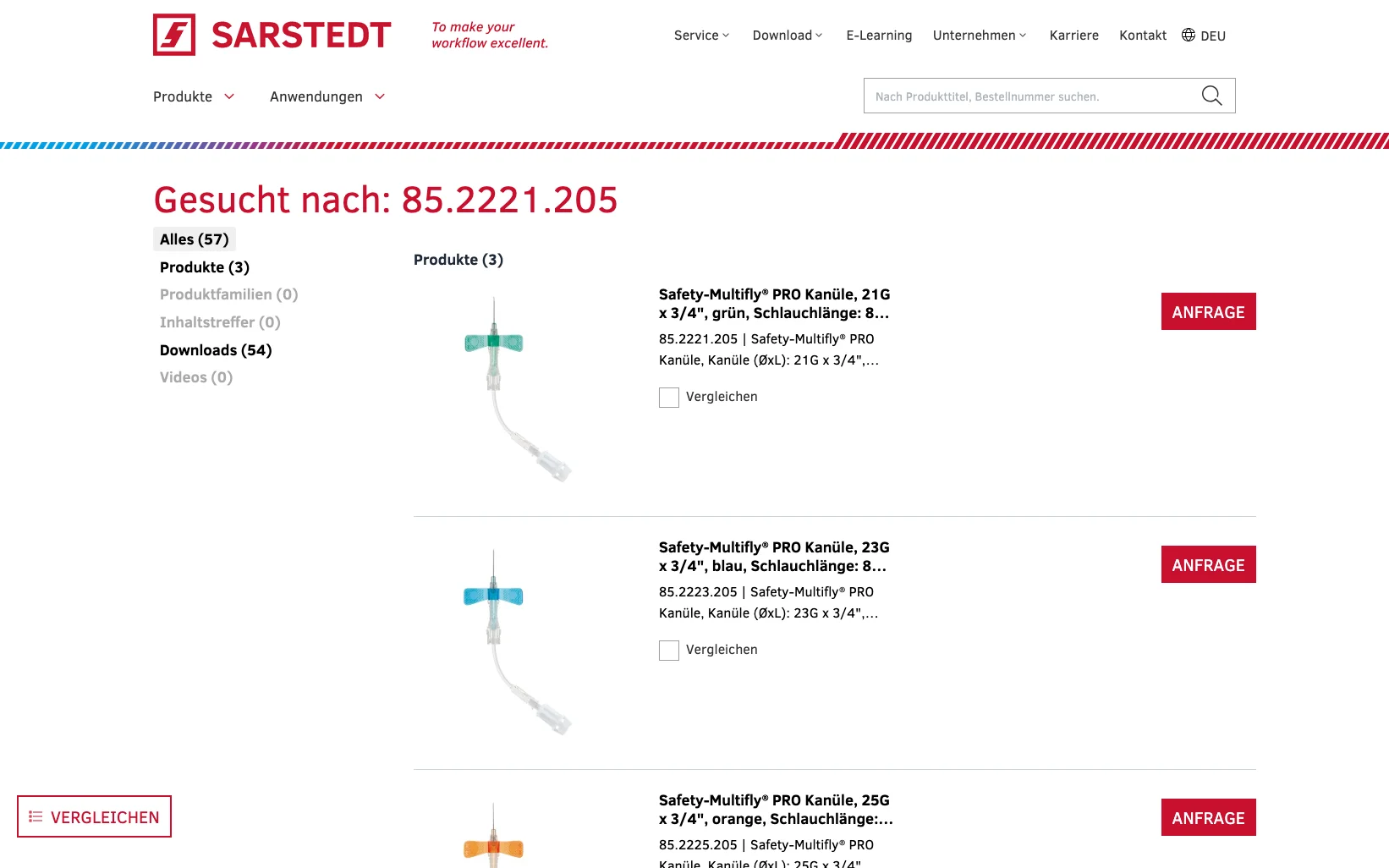 Screenshot-Beleg: Sarstedt — Kriterium 2.2 Suche per Artikelnr./PZN/REF