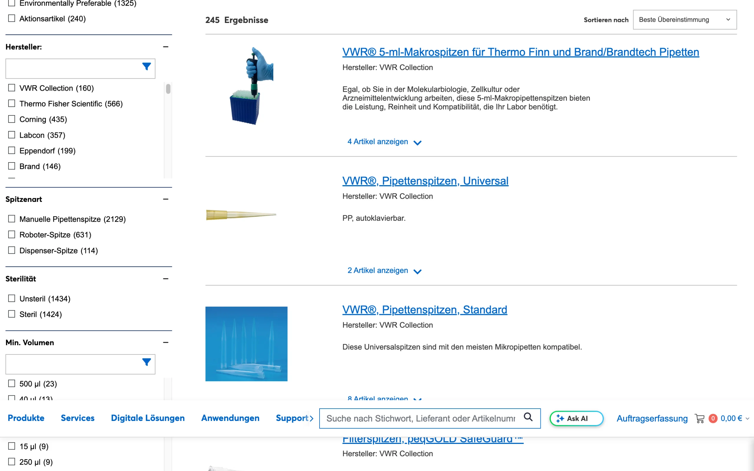 Screenshot-Beleg: VWR / Avantor — Kriterium 3.3 Produktidentifikation in der Produktliste