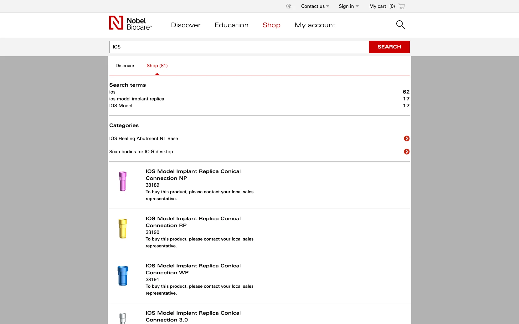 Screenshot-Beleg: Nobel Biocare — Kriterium 2.3 Suchvorschläge während der Eingabe
