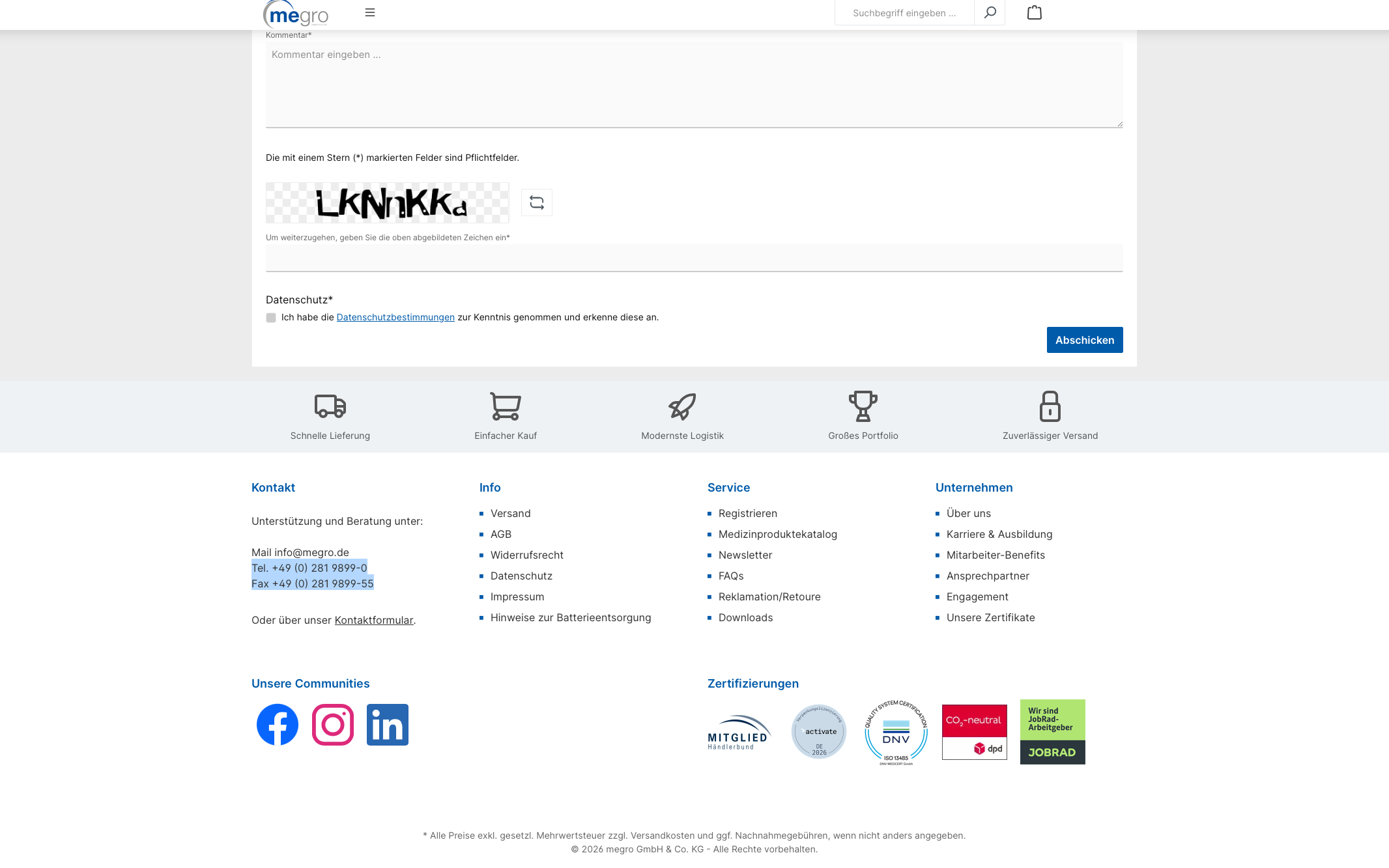 Screenshot-Beleg: Megro — Kriterium 6.1 Kontaktmöglichkeiten präsent