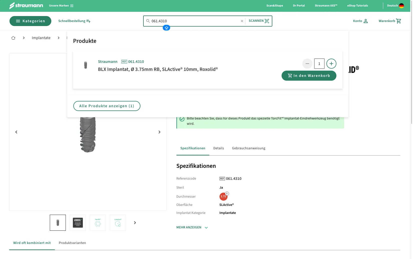 Screenshot-Beleg: Straumann Group — Kriterium 2.2 Suche per Artikelnr./PZN/REF