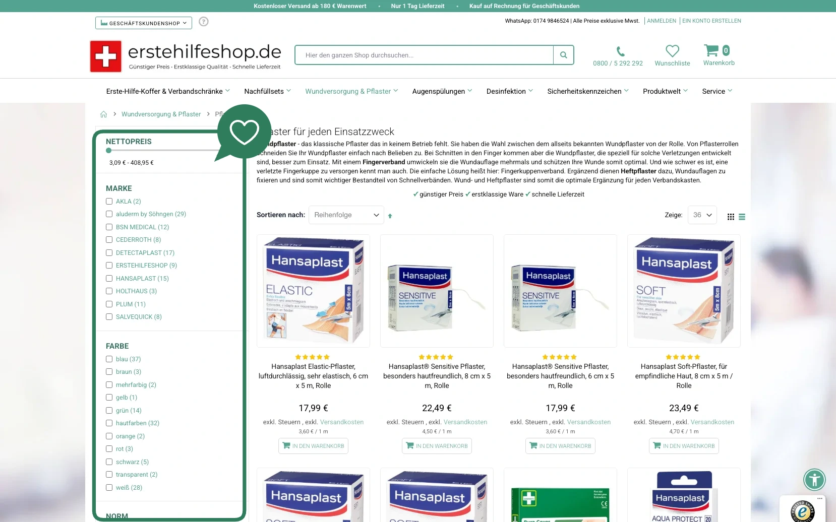 Screenshot-Beleg: erstehilfeshop.de — Kriterium 3.1 Filter in der Produktliste (Anzahl)
