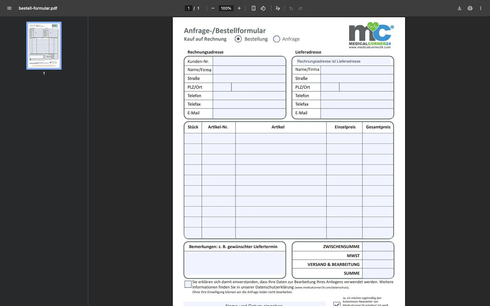 Screenshot-Beleg: medicalcorner24 — Kriterium 5.4 Schnellbestellung per Artikelnr.