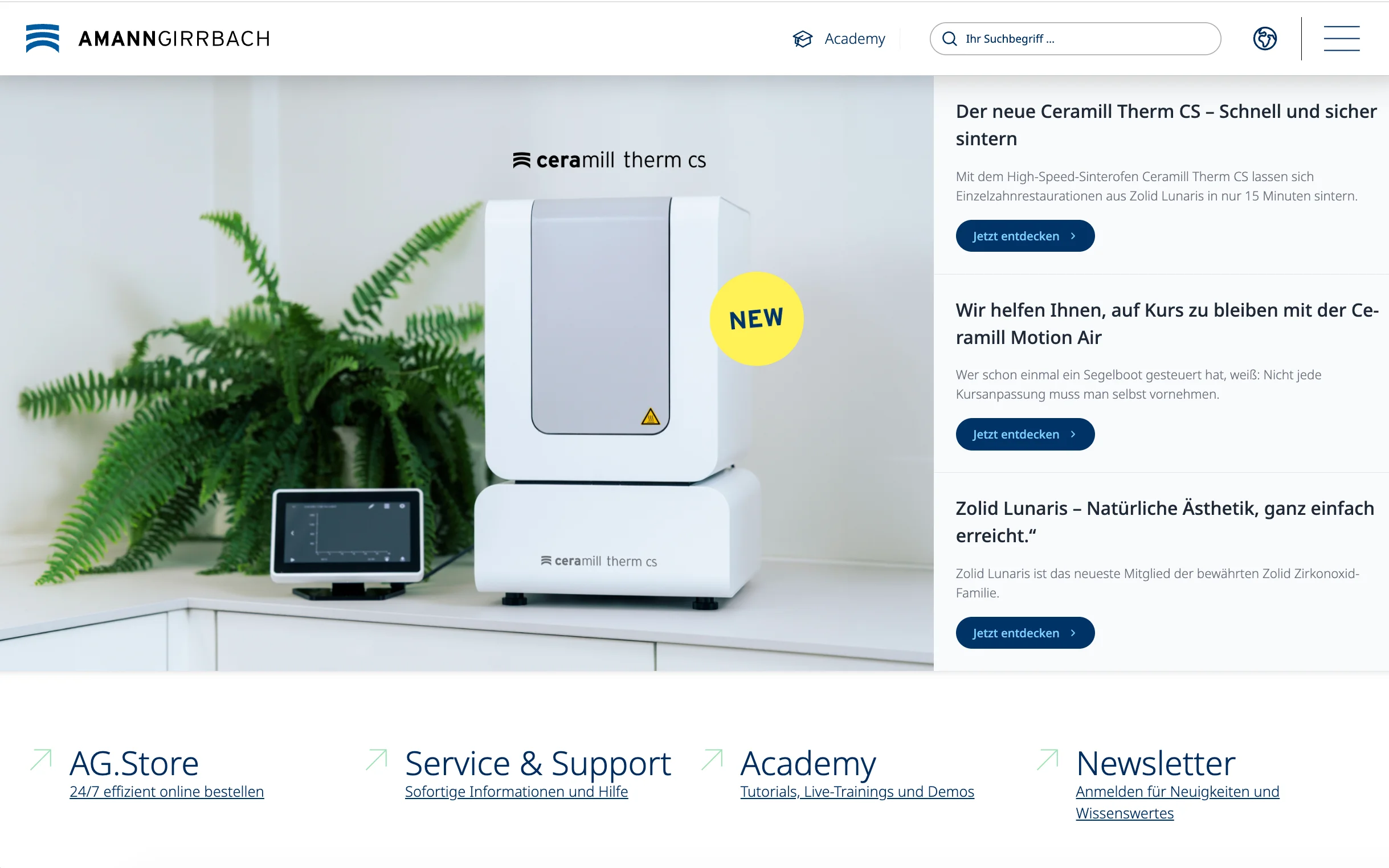 Screenshot-Beleg: Amann Girrbach — Kriterium 2.1 Suchfeld persistent in Top-Bar