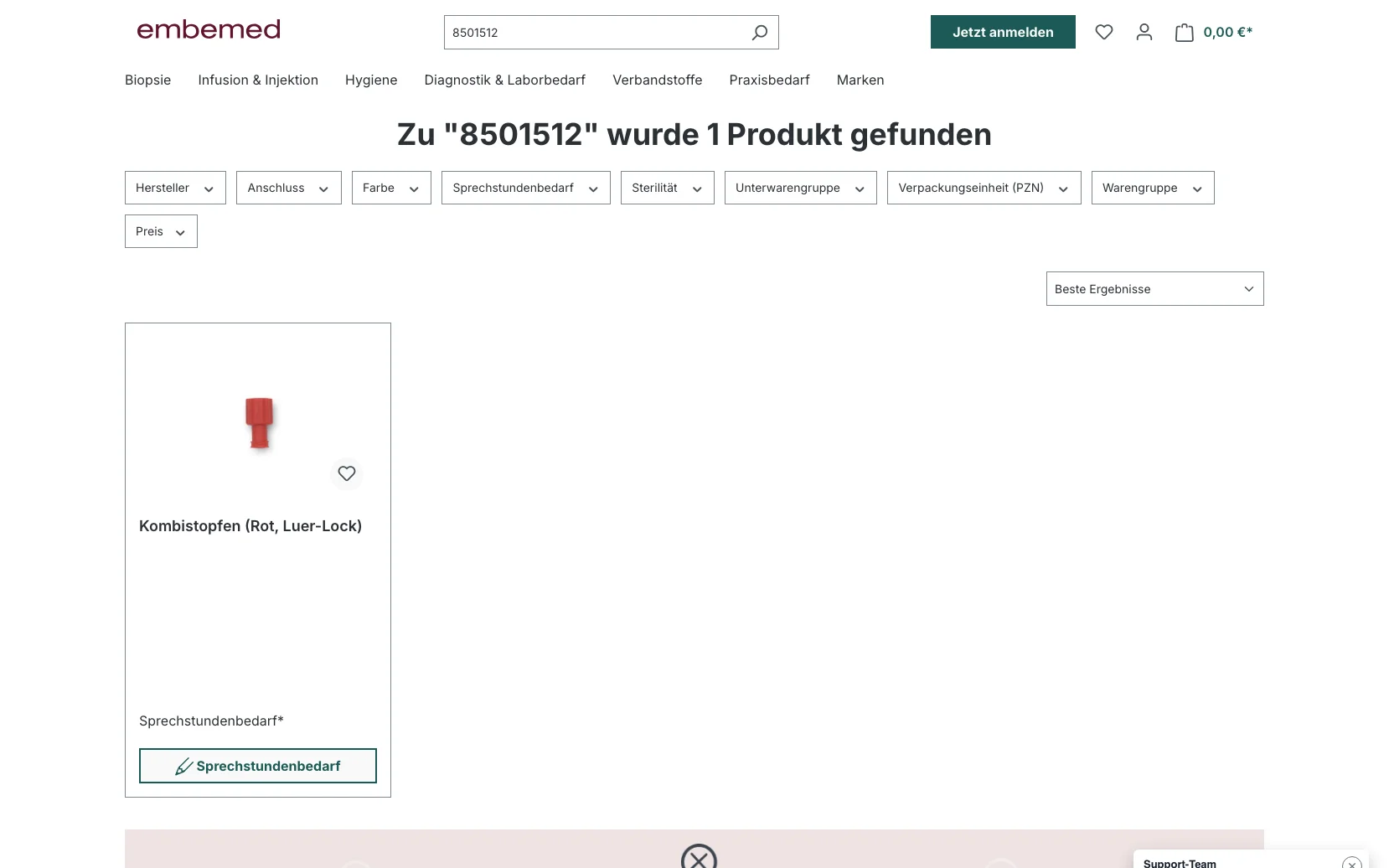 Screenshot-Beleg: embemed — Kriterium 2.2 Suche per Artikelnr./PZN/REF