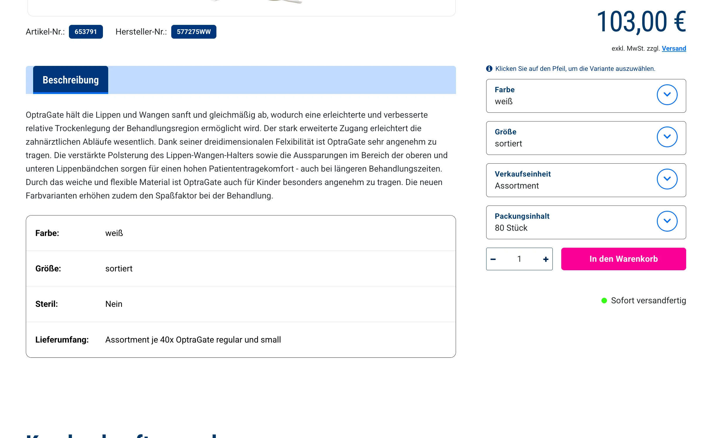 Screenshot-Beleg: Dental Bauer — Kriterium 4.3 Strukturierte Produktinformation