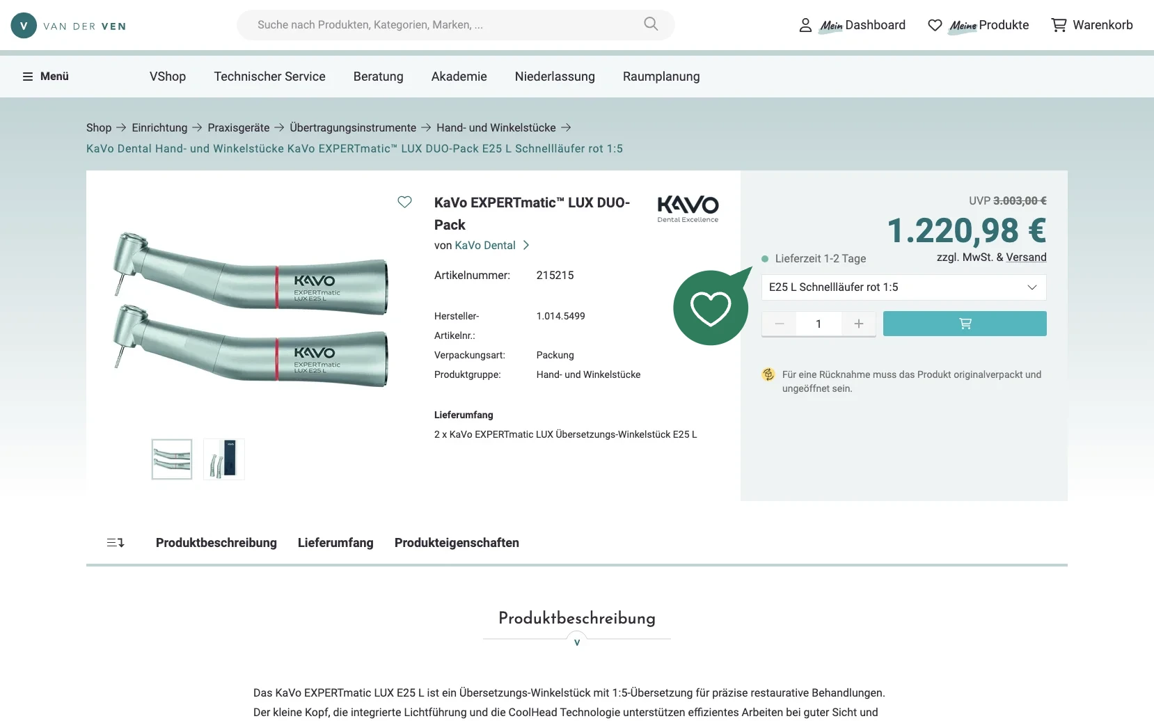 Screenshot-Beleg: van der Ven Dental — Kriterium 5.3 Lieferzeit / Verfügbarkeit